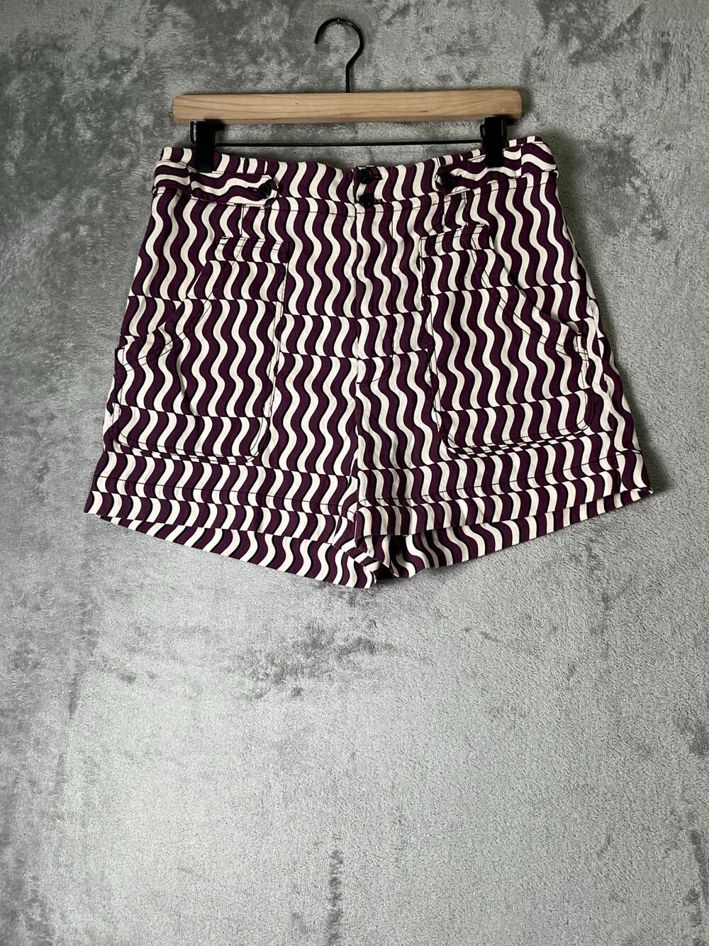 Maeve Anthropologie Burgundy Cream Wavy Stripe High Rise Trouser Shorts Size 10